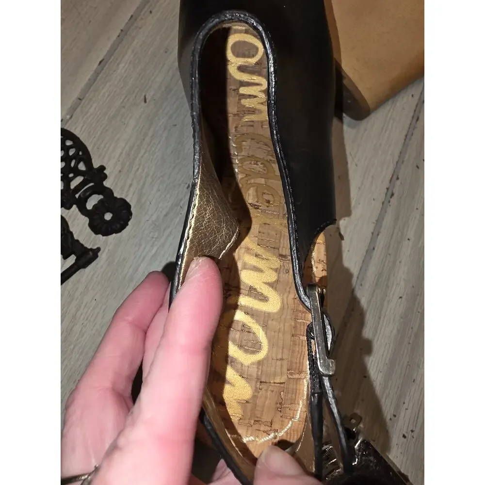 Sam Edelman CAMILLA Black Leather Sandals Wood Wedge Sling Heel Platform Read 9
